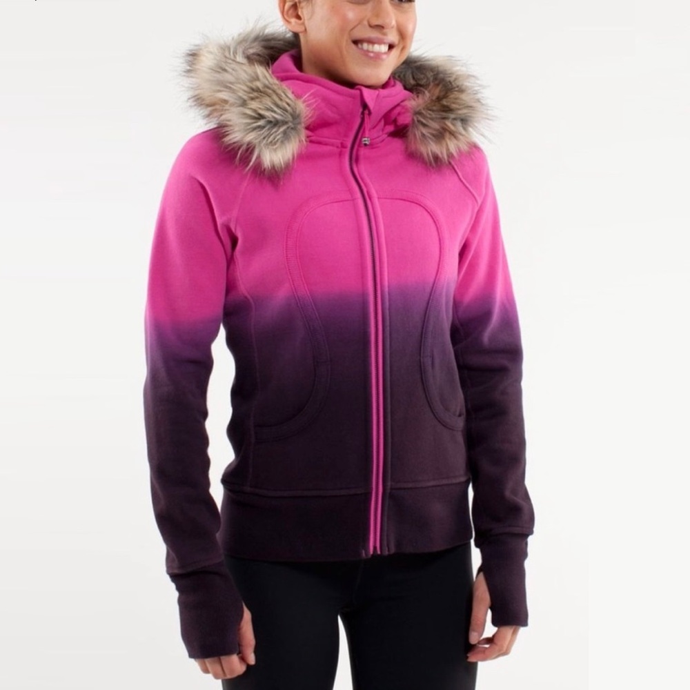 Lululemon Special Edition Scuba Hoodie Pink Ombré w/Detachable Faux Fur size 8